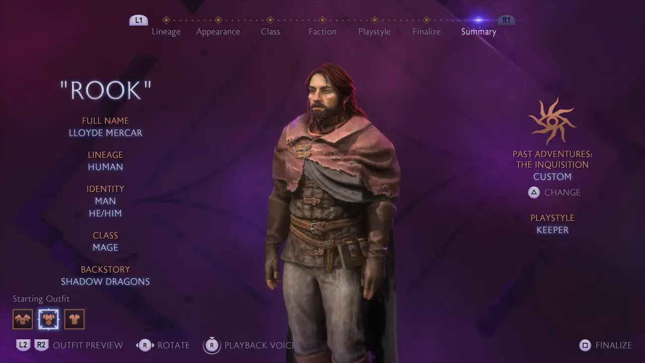 Postać "Rook" w grze Dragon Age 4. Lloyde Mercar, człowiek, mag z przeszłością "Shadow Dragons".