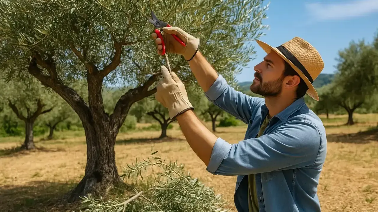 Un homme au chapeau de paille s'applique à tailler un olivier d'ornement, sous un ciel bleu d'été.