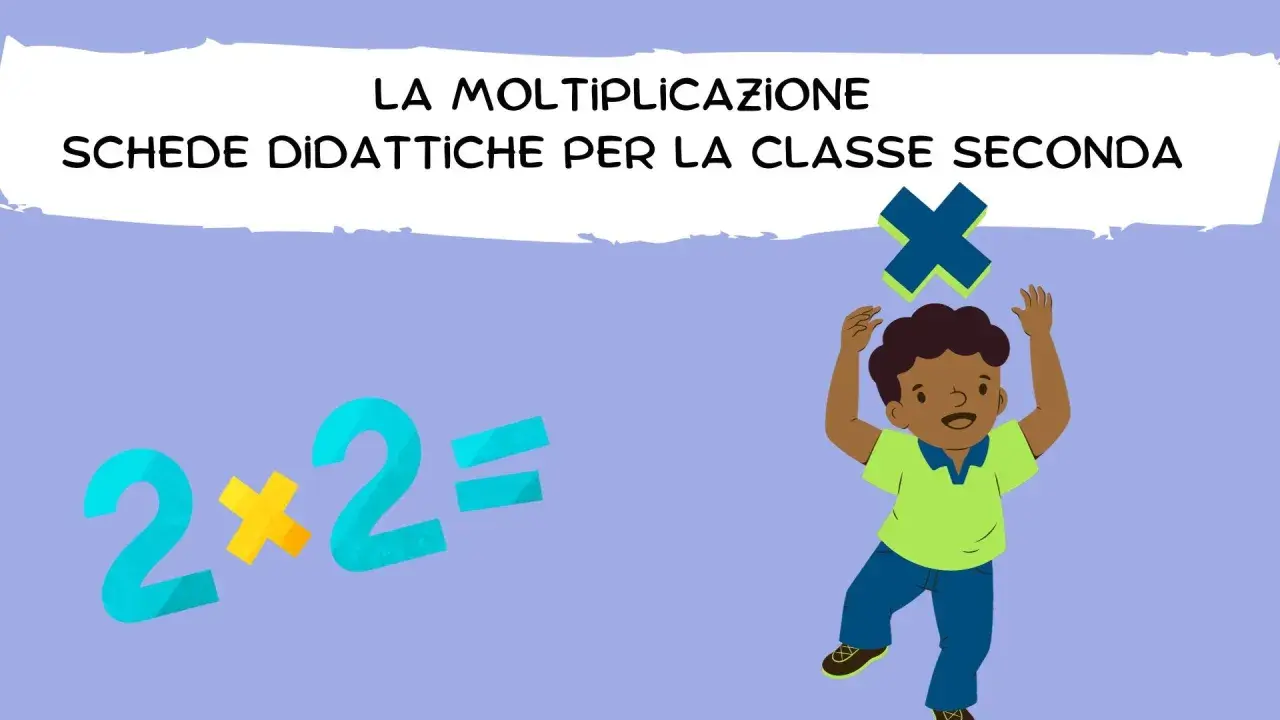 Schede didattiche moltiplicazioni per la seconda classe. Un bambino festeggia con un'equazione 2x2=.