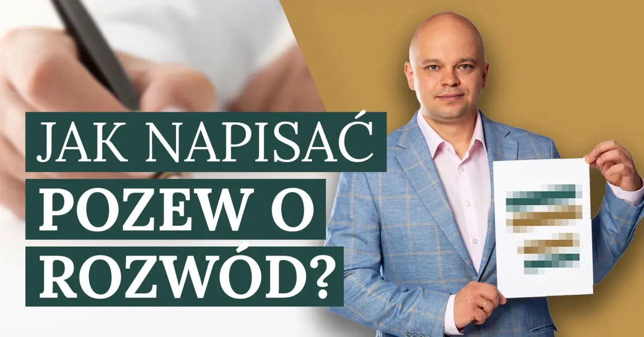 Mężczyzna w garniturze trzyma dokument z tekstem "JAK NAPISAĆ POZEW O ROZWÓD?". Pomaga zrozumieć proces rozwodowy.