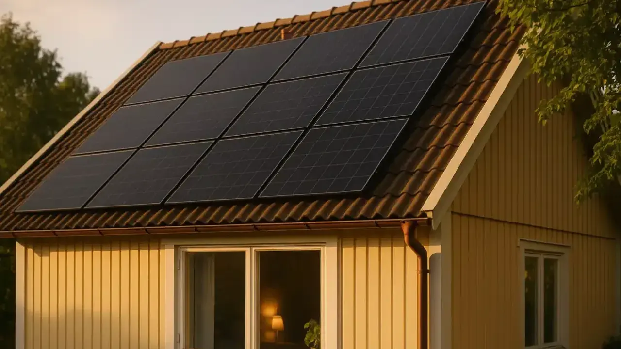 Solpaneler på ett gult trähus. Taket har en minsta lutning för optimal solinstrålning.