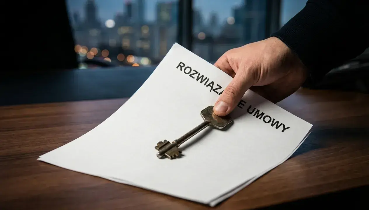 Klucz do wolności. Dokument "Rozwiązanie umowy" i klucz symbolizują, jak odejść z pracy z dnia na dzień, otwierając nowe drzwi.
