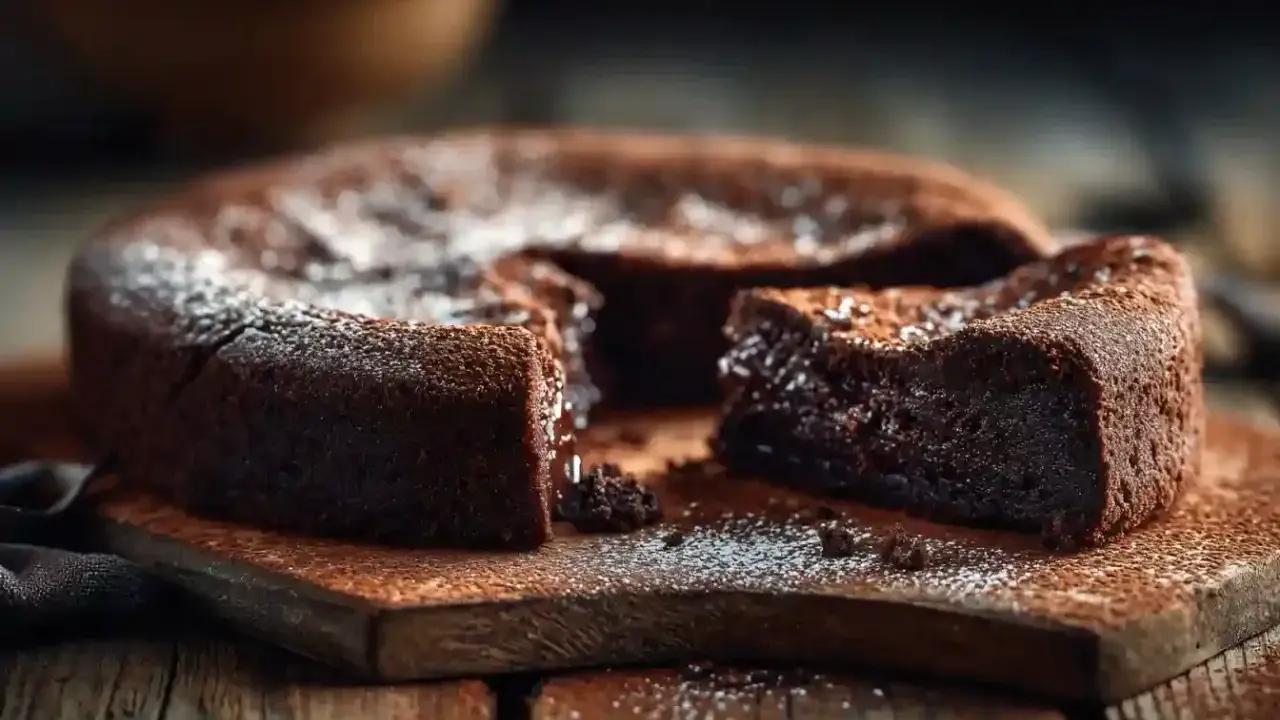 Un délicieux cake au chocolat, saupoudré de sucre glace, est servi sur une planche en bois rustique. Une part est coupée, révélant sa texture moelleuse.