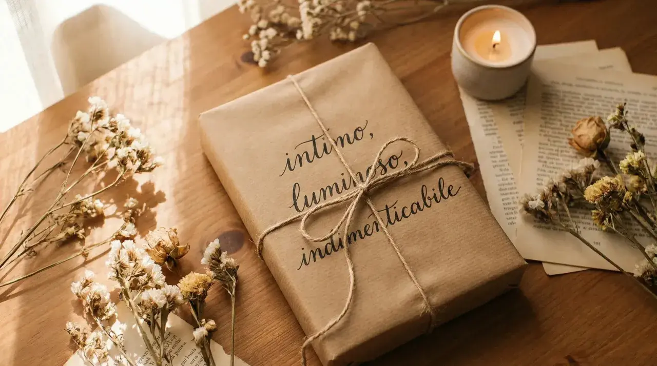 Un libro incartato con cura, con la scritta "intimo, luminoso, indimenticabile", circondato da fiori secchi e una candela accesa. Perfetto per storie da leggere.