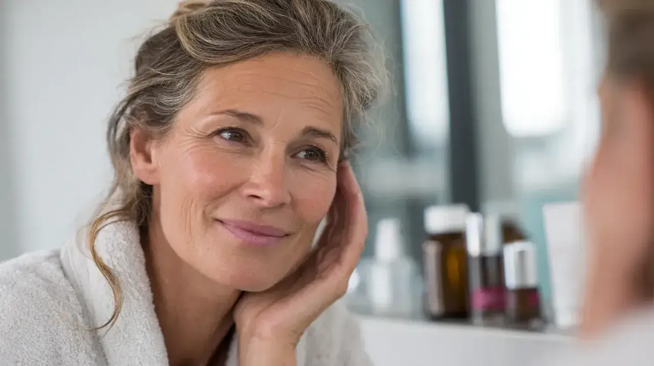 Une femme souriante, aux cheveux grisonnants, se regarde dans le miroir. Elle porte une robe de chambre douce, comme un **trèfle rouge** qui s'épanouit.