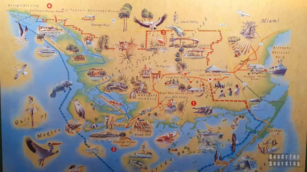 Mapa turystyczna Everglades z zaznaczonymi atrakcjami, zwierzętami i szlakami.