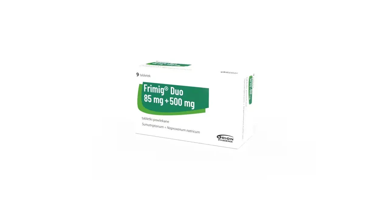 Opakowanie leku Frimig Duo 85 mg + 500 mg, zawierające 9 tabletek powlekanych.