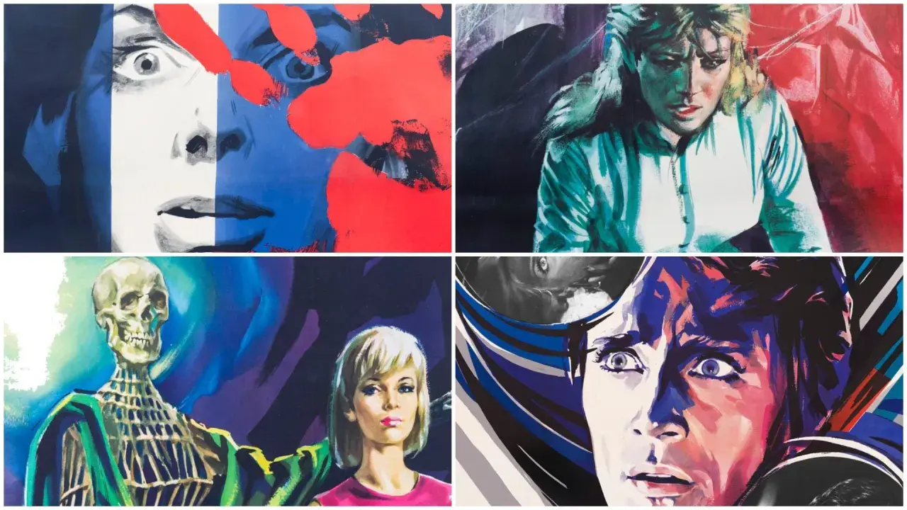 Volti spaventati e uno scheletro in poster di film horror, evocano l'atmosfera dei capolavori di Mario Bava.