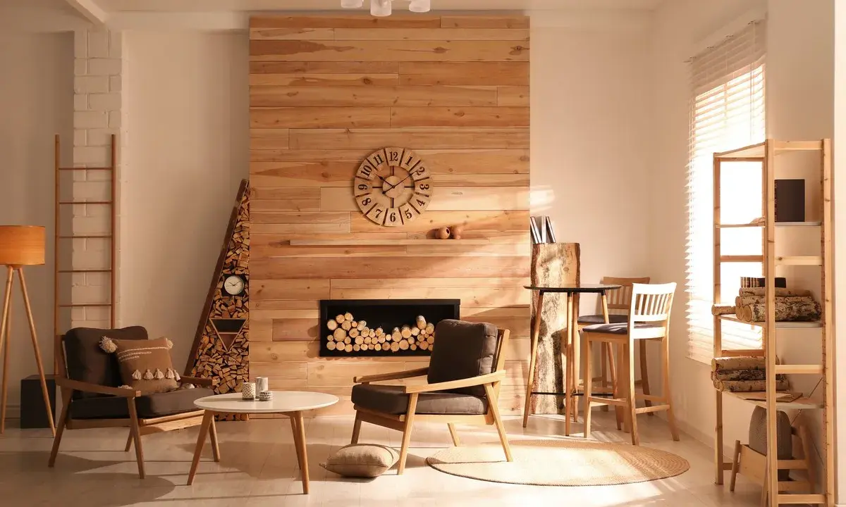 Salón acogedor con chimenea de madera, muebles de estilo rústico y luz cálida entrando por la ventana.