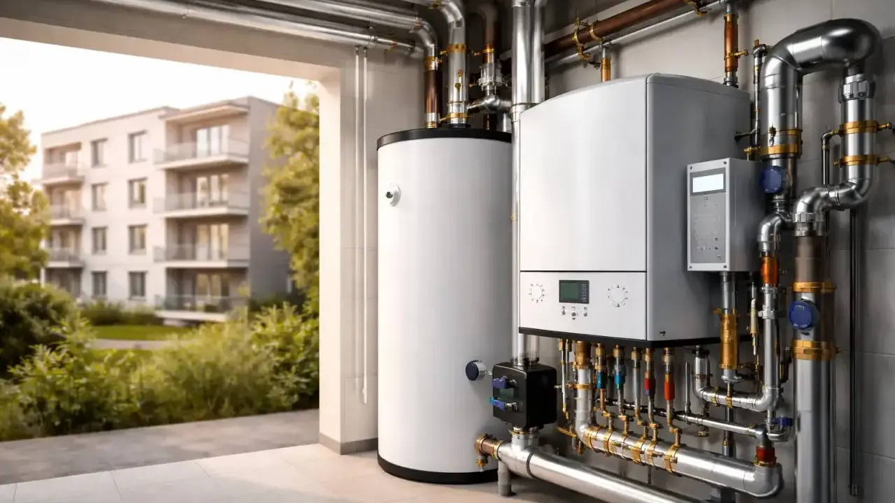 Moderne Gas-Etagenheizung mit großem Warmwasserspeicher, bereit für effiziente Wärmeversorgung eines Mehrfamilienhauses.