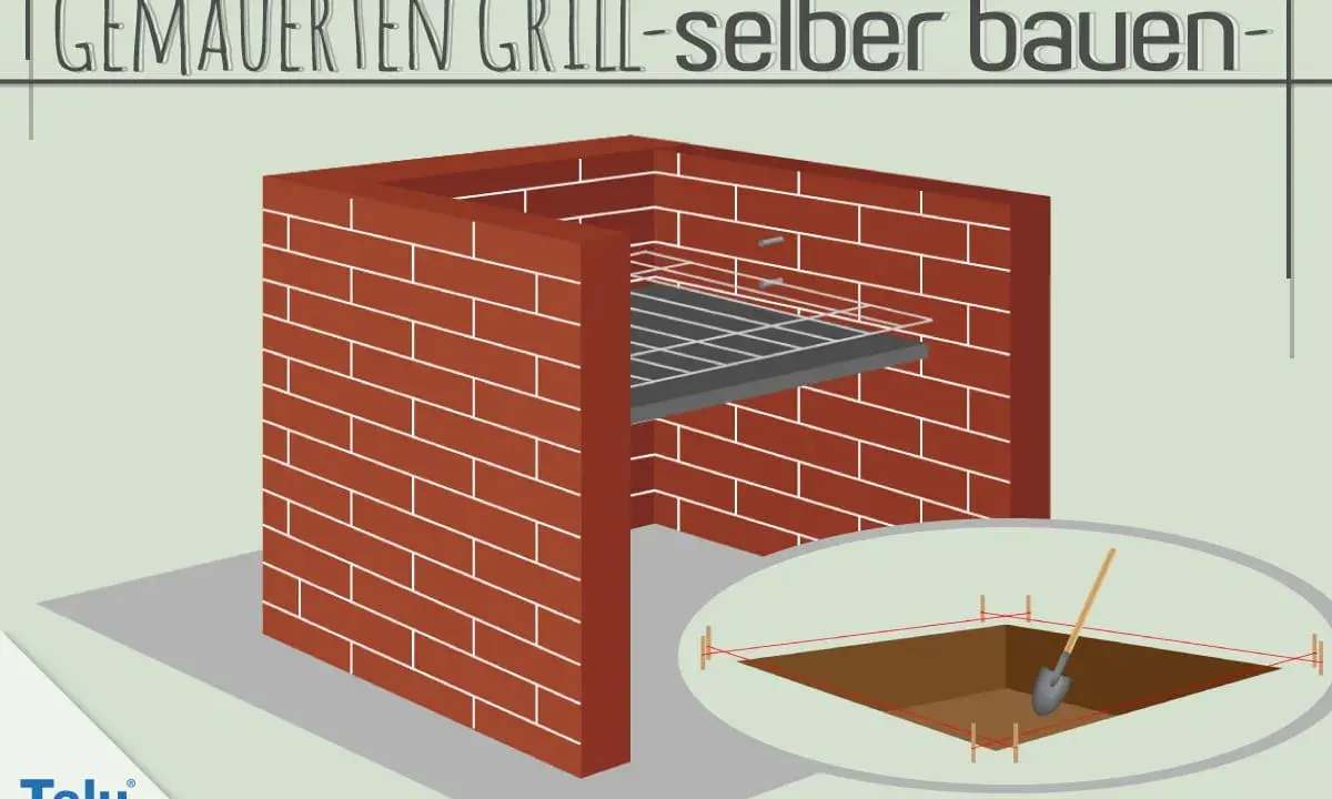 Gemauerter Grill: Ideen für den Bau. Illustration zeigt einen gemauerten Grill mit Rost und eine ausgehobene Grube mit Schaufel.
