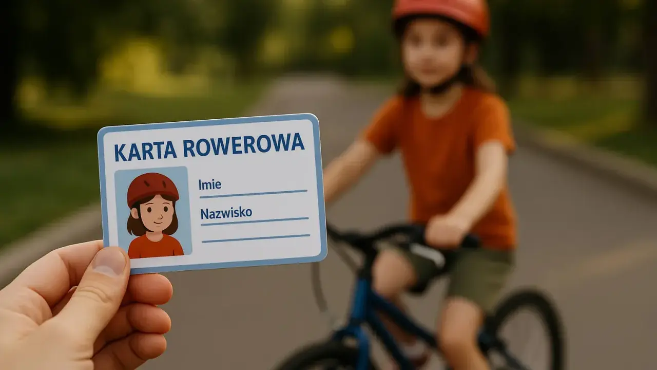 Karta rowerowa czeka na młodego cyklistę. Dziecko w kasku pedałuje, gotowe na egzamin na kartę rowerową.