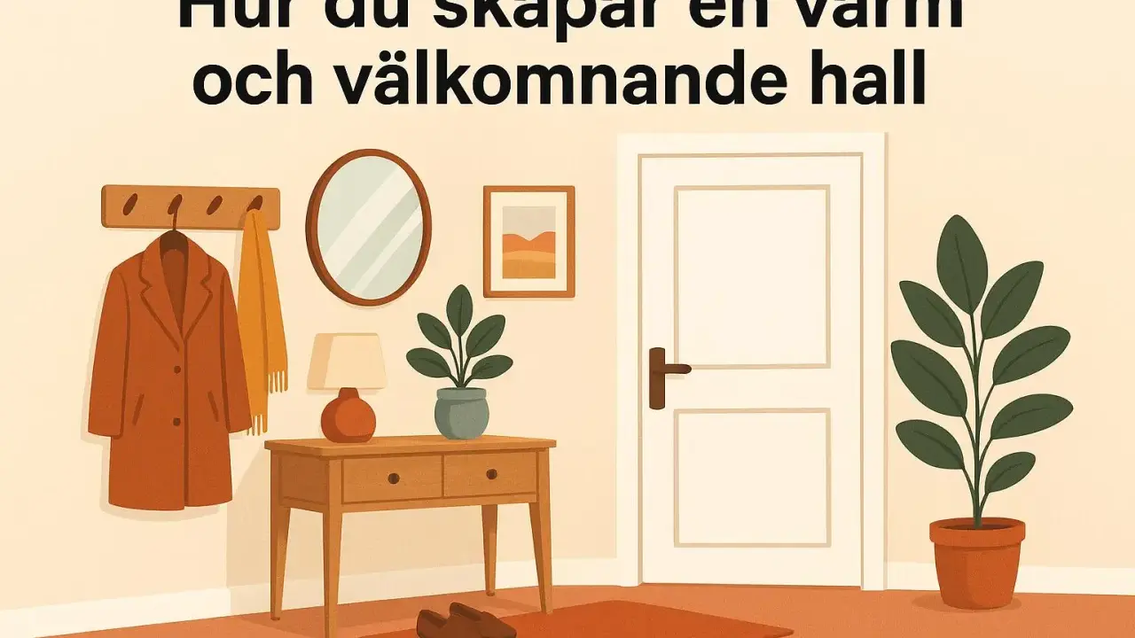 En mysig hall med en rock på kroken, en spegel, en lampa och en växt. En dörr och en matta fulländar bilden.