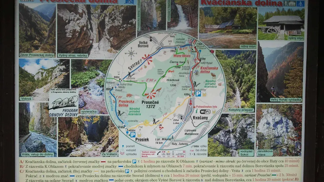 Mapa Kvačianskej doliny s vyznačenými trasami, vodopádmi a mlynmi. Zobrazuje národnú prírodnú rezerváciu.
