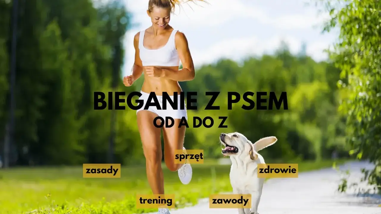 Szczęśliwa kobieta i jej pies biegają razem. Napis "Bieganie z psem od A do Z" sugeruje kompleksowy przewodnik po tej aktywności.