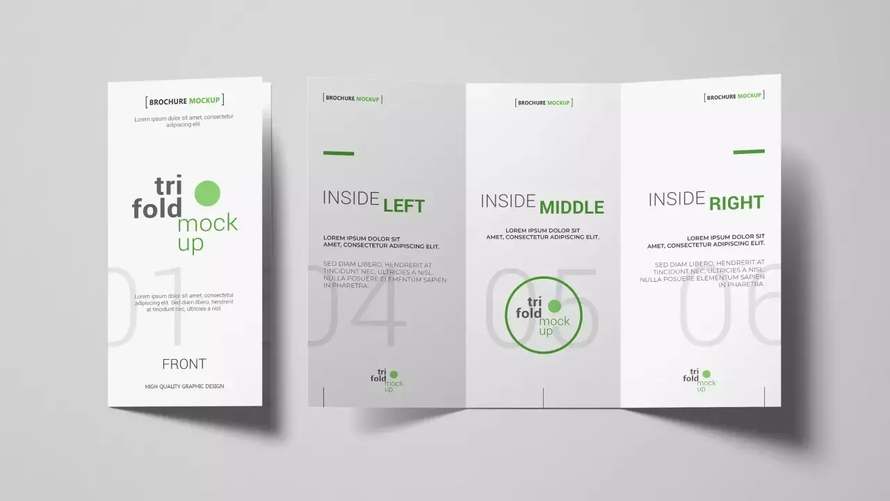 Un folleto triptico ejemplo con diseño limpio. Muestra la portada y las páginas interiores de un folleto plegado en tres.