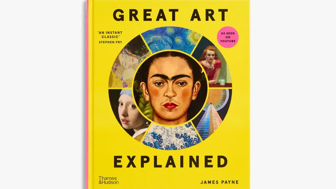 Book cover "Great Art Explained" featuring Frida Kahlo's portrait and other artworks, a vibrant piece of textual art.