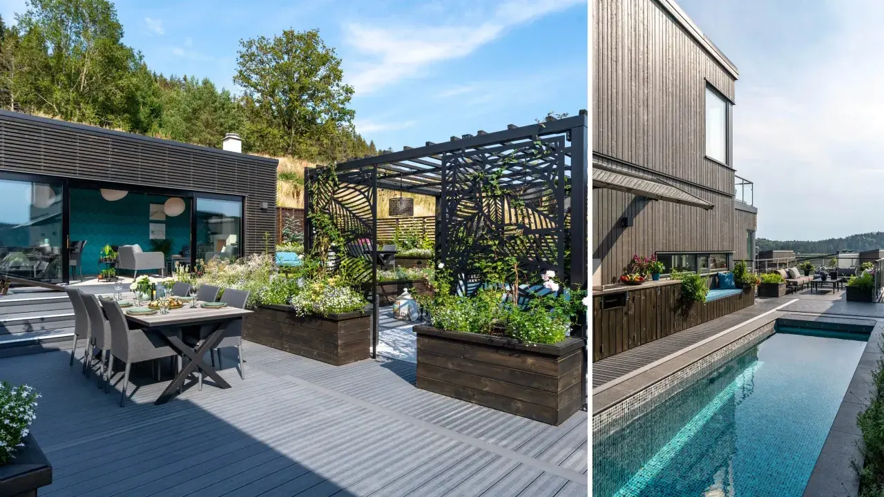 Modern villa med pool i sluttning. Uteplats med matbord och loungegrupp. Pergola med blommor.