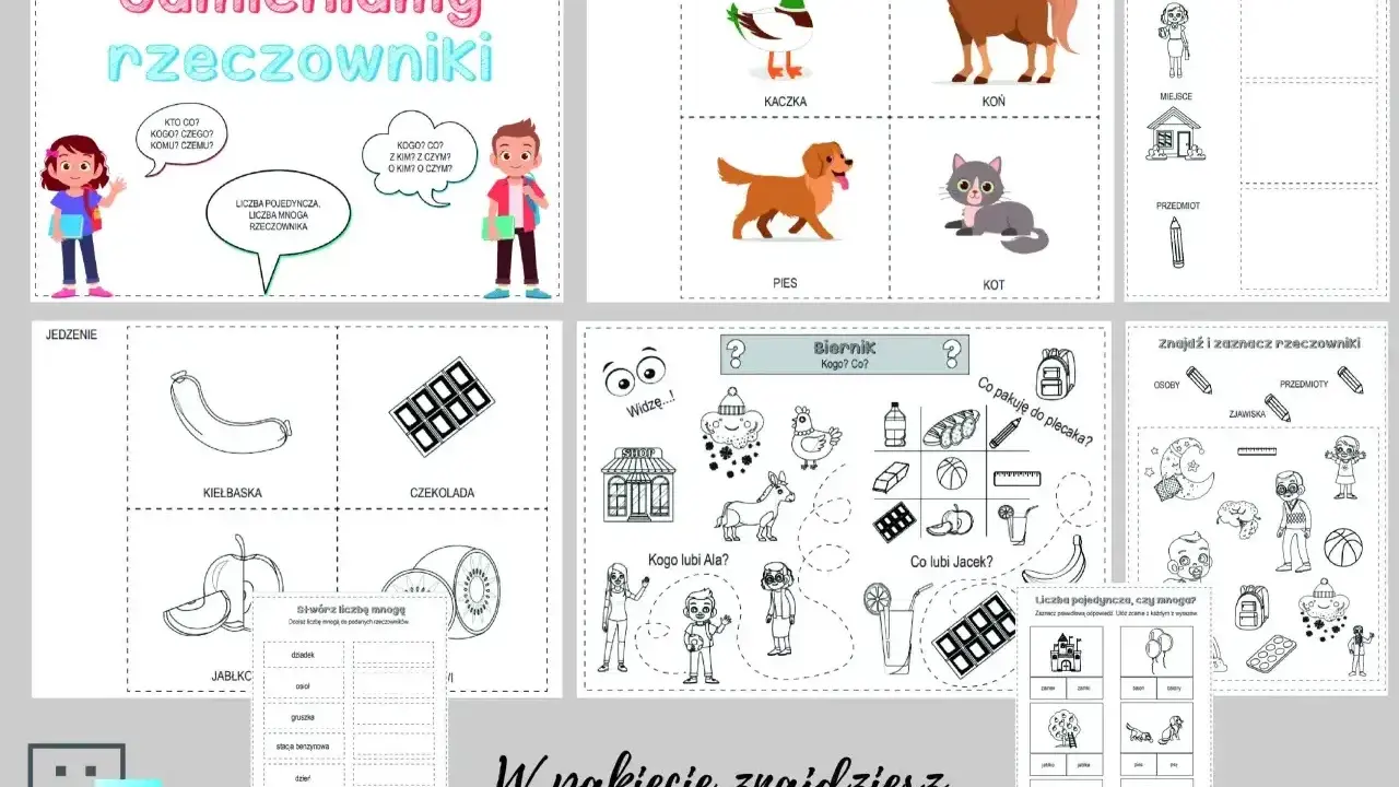 Zestaw ćwiczeń do nauki odmiany rzeczowników. Dzieci ćwiczyły **czas przeszły** na przykładach zwierząt, jedzenia i przedmiotów.
