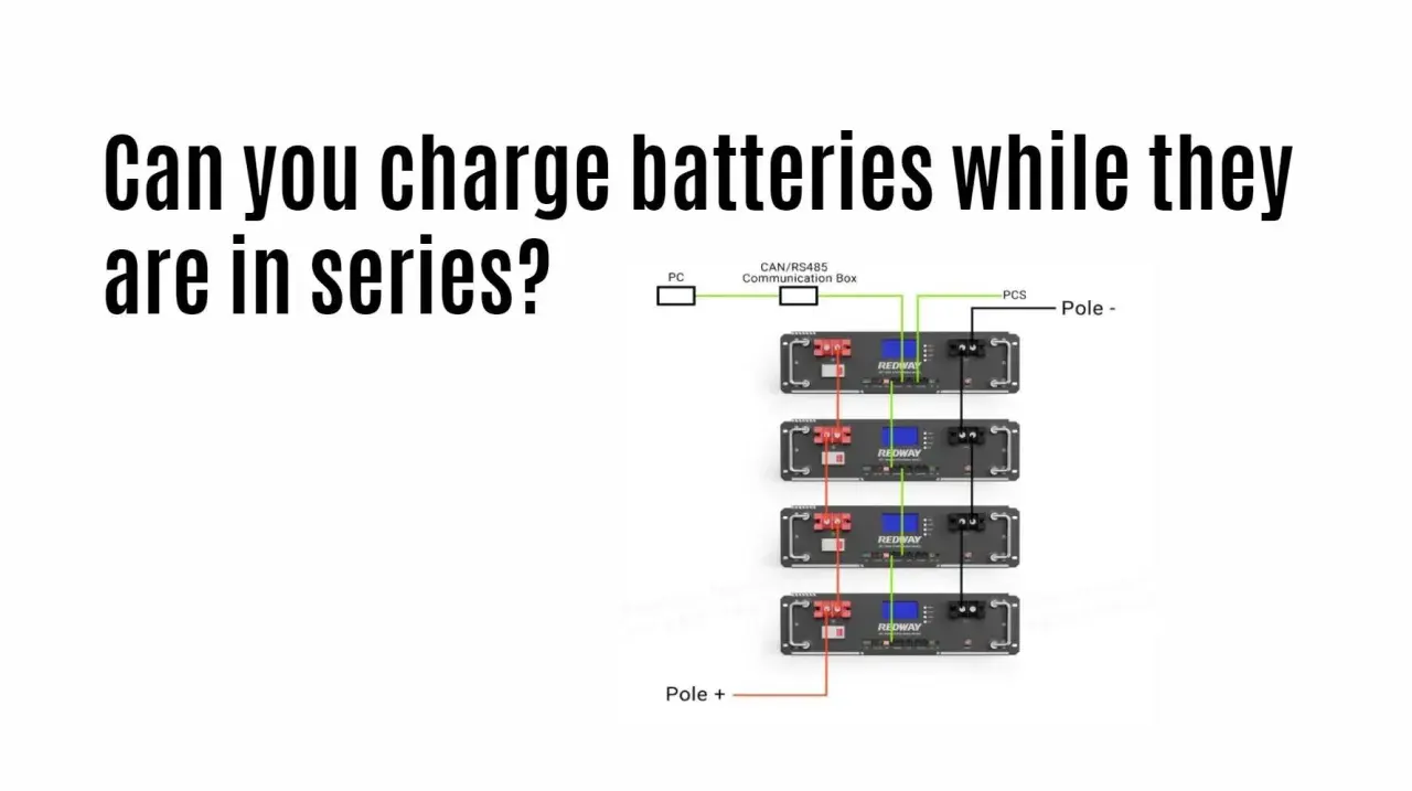 Schema zeigt vier Batteriemodule, die in serie geschaltet sind, verbunden mit einer Kommunikationsbox und einem PC.