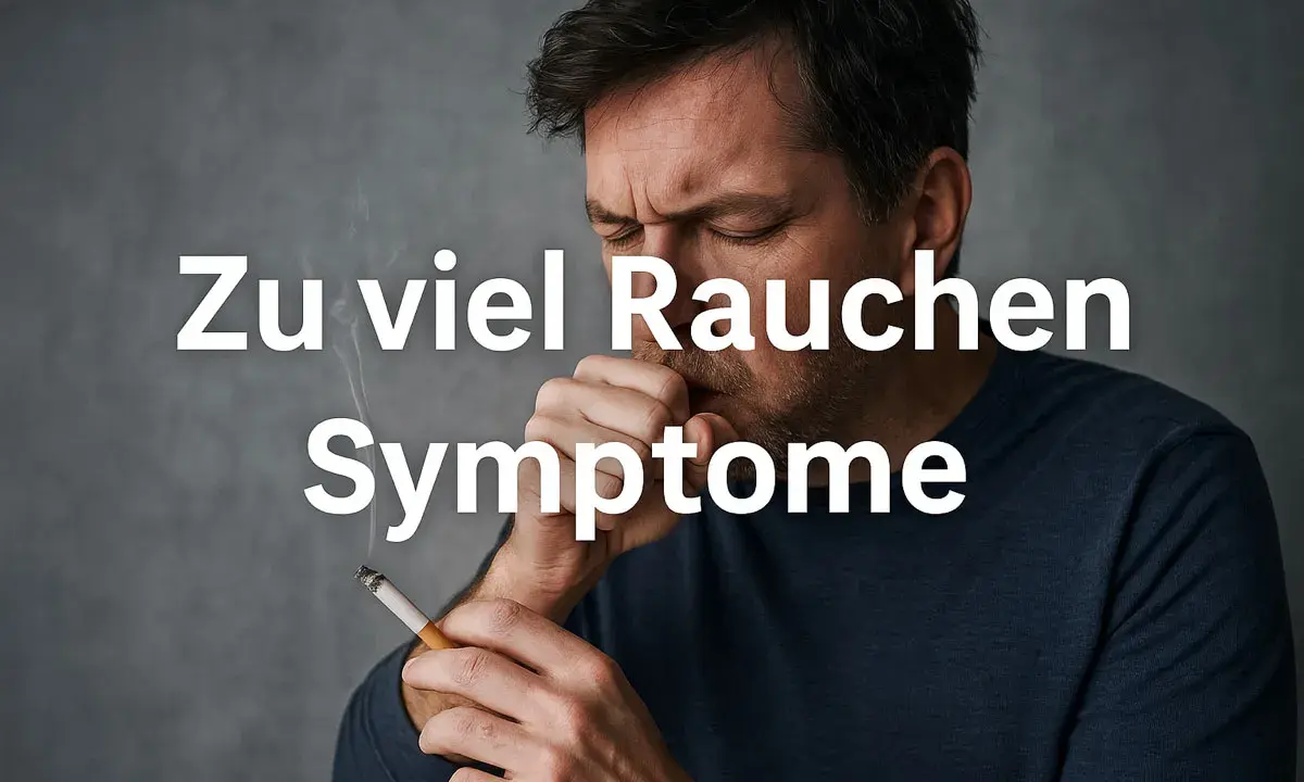 Mann hustet mit Zigarette in der Hand. Text: Zu viel Rauchen Symptome.