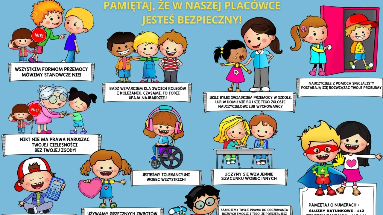 Plakat o standardach ochrony małoletnich: dzieci uczą się o bezpieczeństwie, tolerancji i szacunku. Nikt nie ma prawa naruszać ich prywatności ani cielesności bez zgody.