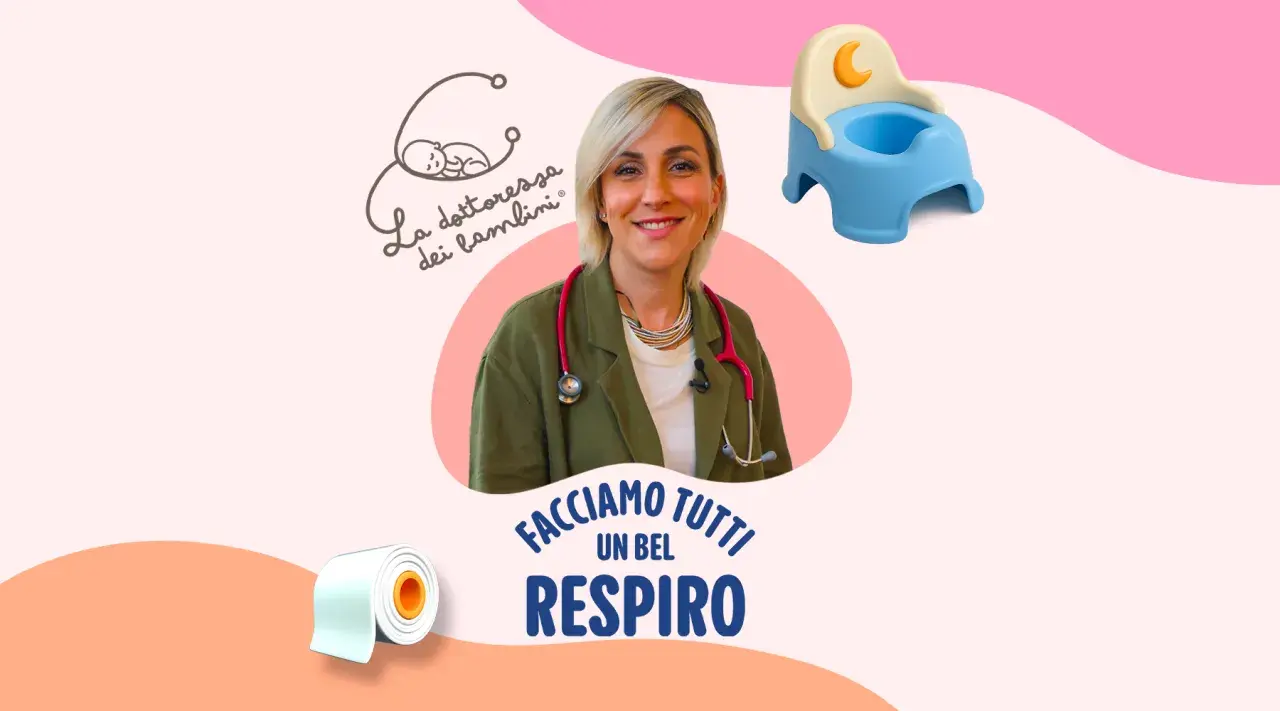 Dottoressa sorridente con stetoscopio, vasino e rotolo di carta igienica. Affronta temi come vomito e diarrea bambini.