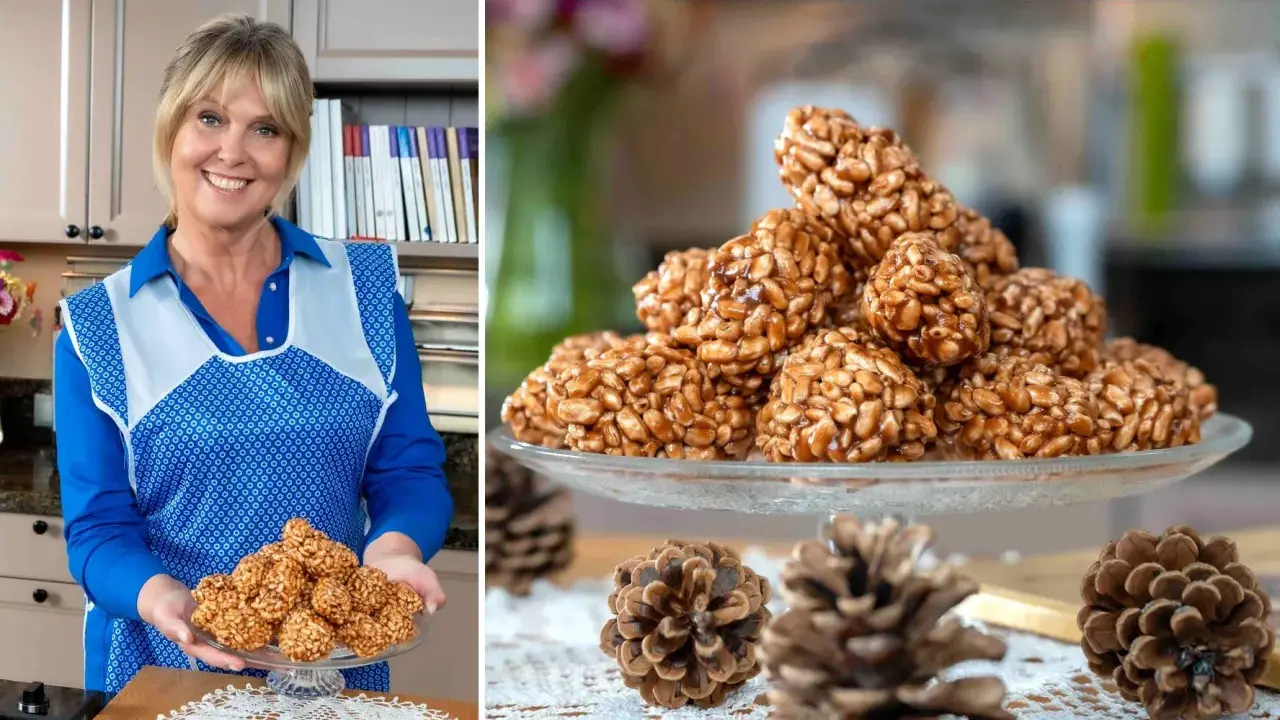 Uśmiechnięta kobieta w fartuchu prezentuje talerz z chrupiącymi szyszkami z ryżu preparowanego. Obok leżą prawdziwe szyszki.