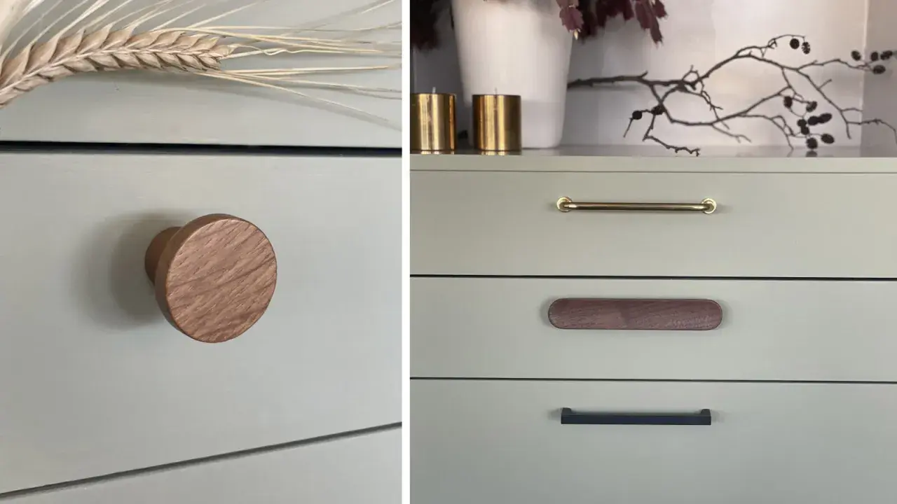 Detaljer från en ommålad byrå i ljusgrönt. En rund träknopp till vänster, och tre olika handtag på lådorna till höger.