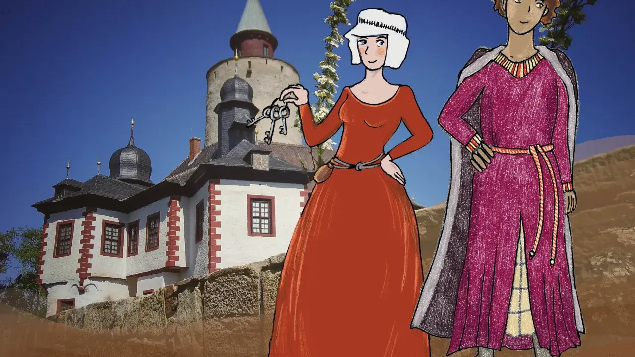 Eine Frau mit Schlüsselbund und ein Mann in mittelalterlicher Kleidung vor einer Burg.