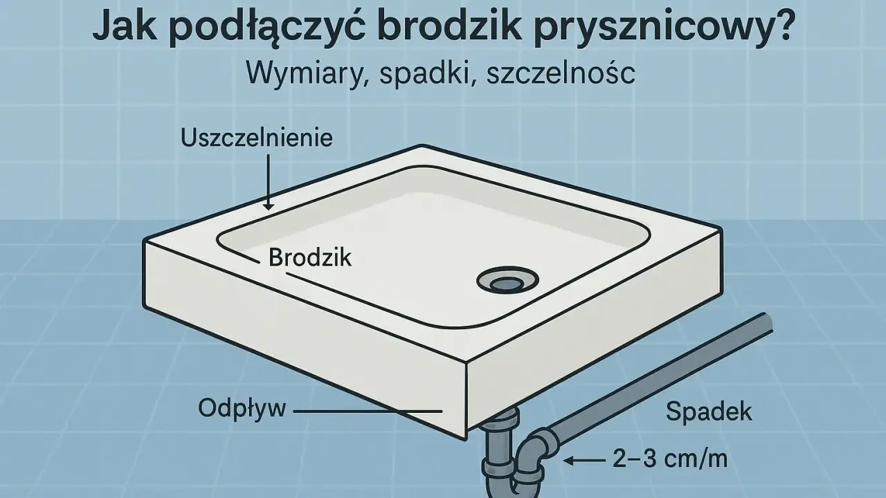 Ilustracja pokazuje podłączenie brodzika do odpływu, z zaznaczonym spadkiem 2-3 cm/m dla prawidłowego odprowadzania wody.