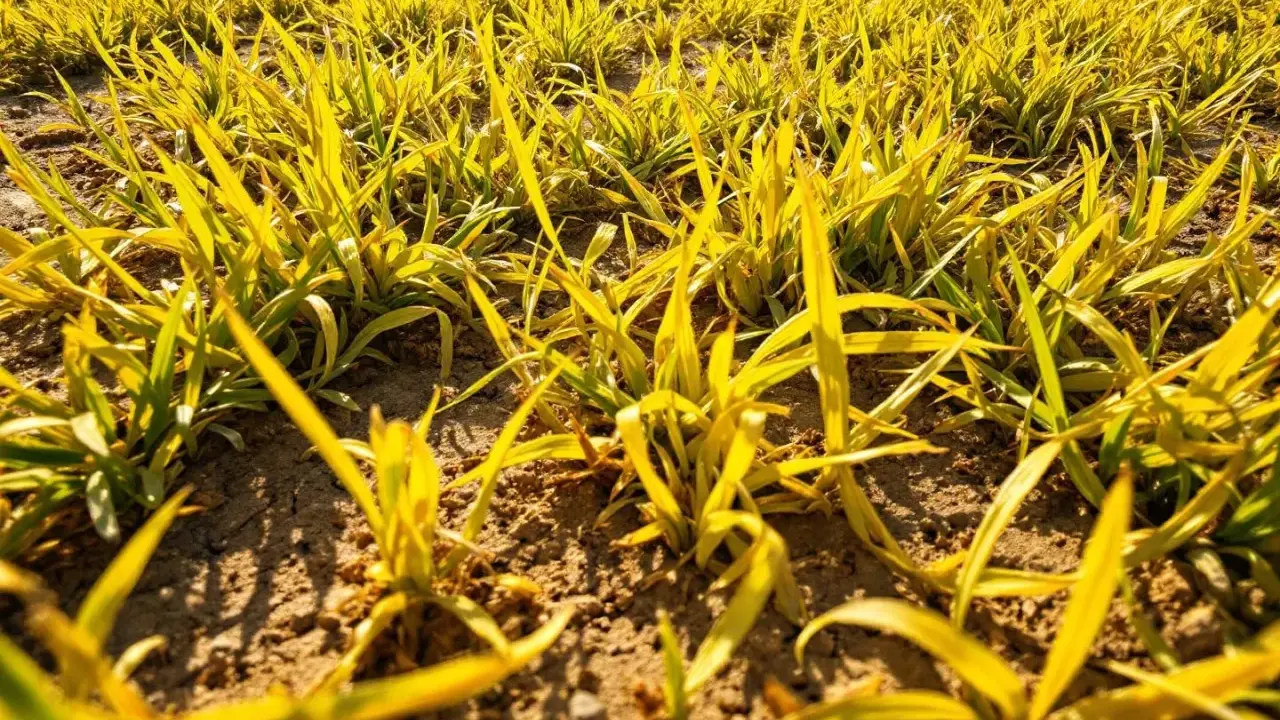 Champ de jeunes pousses jaunies par le soleil. Que faire pour sauver cette pelouse jaune ?
