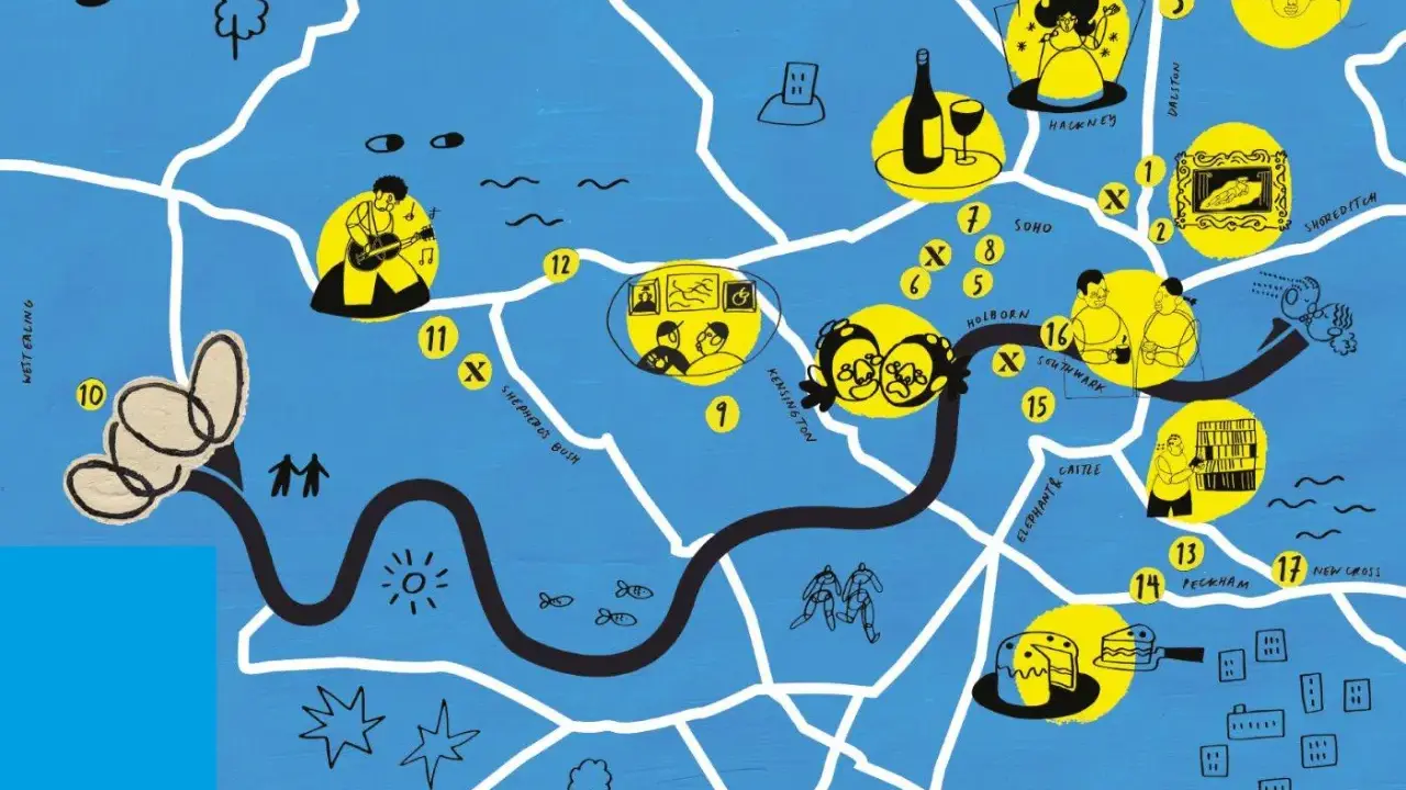 Map highlighting gay friendly places to live in London, with icons representing music, art, food, and community.