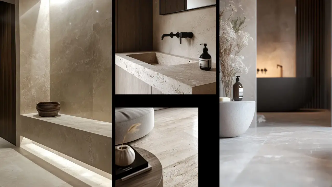 Bagno in travertino moderno con lavabo integrato, rubinetteria nera e dettagli in legno. L'ambiente è elegante e rilassante.
