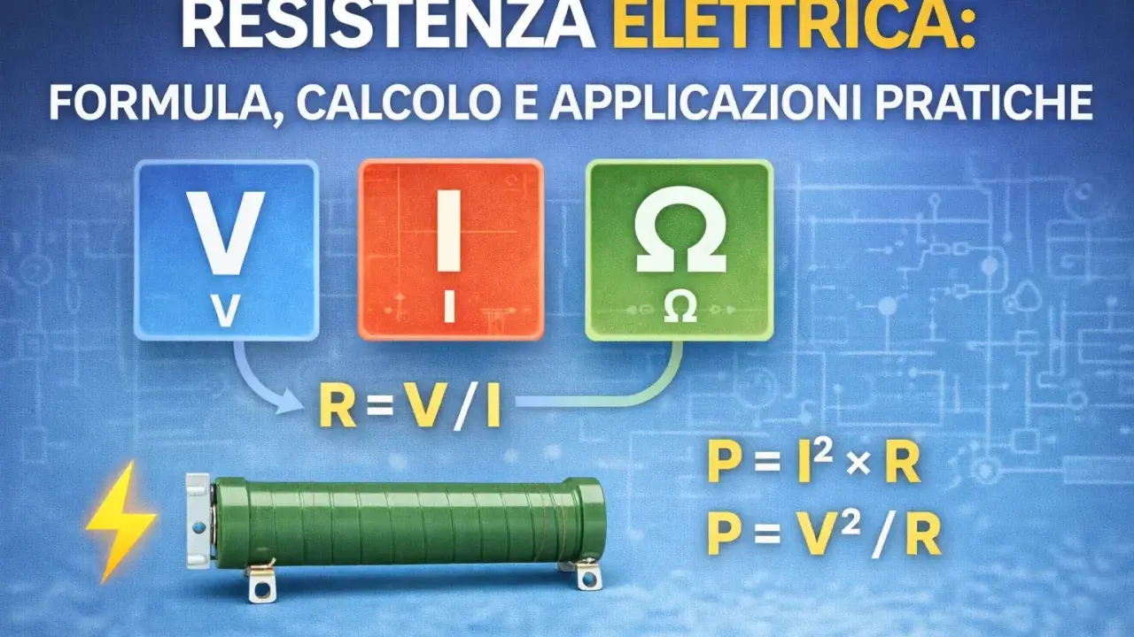La **resistenza fisica formula** è spiegata con simboli V, I, Ω e formule R=V/I, P=I²×R, P=V²/R.