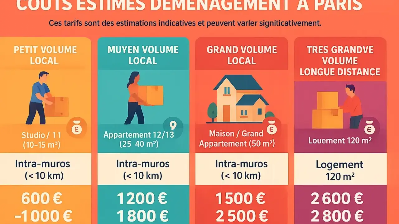 Estimation des coûts d'un déménagement à Paris : petit volume local (600-1000€), moyen volume (1200-1800€), grand volume (1500-2500€), très grand volume longue distance (2600-2800€).