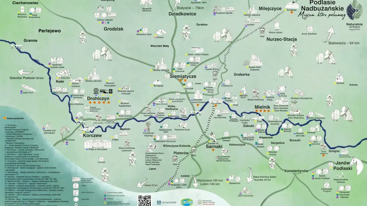 Mapa turystyczna Podlasie Nadbużańskie z zaznaczonymi atrakcjami, trasami i miejscowościami.