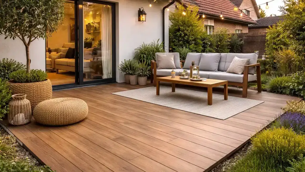 Un suelo exterior de madera sobre cemento transforma un patio en un oasis acogedor. Sofá, mesa y luces crean un ambiente perfecto.