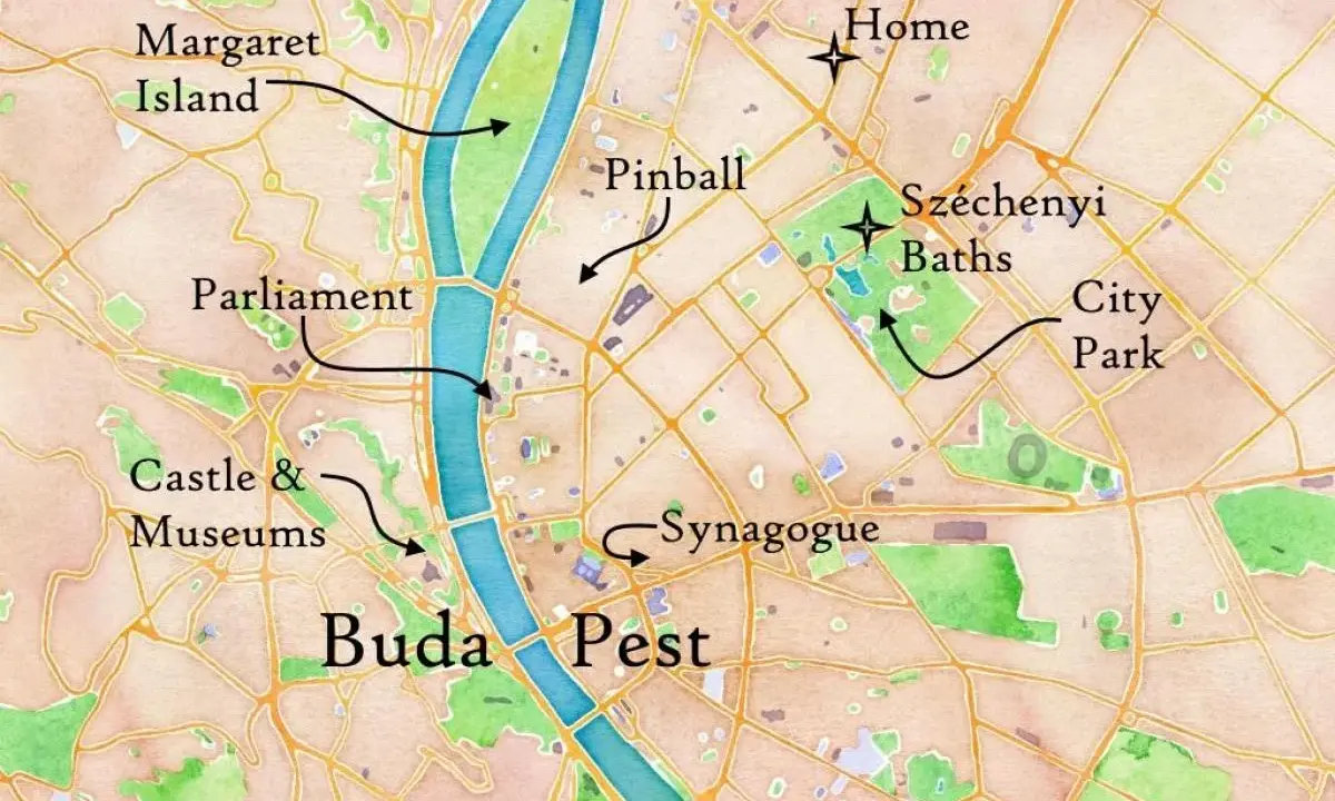 Mapa turystyczna pokazuje, gdzie jest Budapeszt: Parlament, Zamek i Muzea, Wyspa Małgorzaty, Széchenyi Baths, Park Miejski, Synagoga.