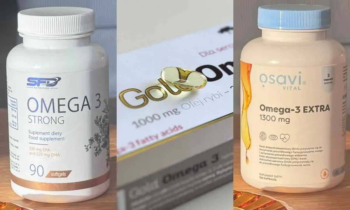 Suplementy diety Omega-3 na co? Na serce i wzrok. Na zdjęciu trzy opakowania: SFD Omega 3 Strong, Gold Omega 3 i Osavi Omega-3 EXTRA.