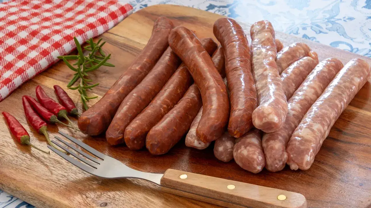 Merguez et saucisses crues sur planche en bois, prêts pour le barbecue. Le temps de cuisson parfait est essentiel pour un délice savoureux.