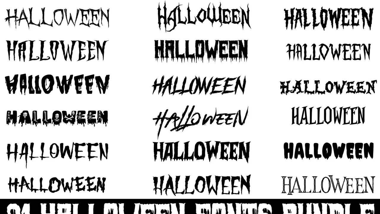 Kolekcja 21 strasznych czcionek na Halloween, z kroplami i mrocznymi literami. Idealne na upiorne dekoracje.