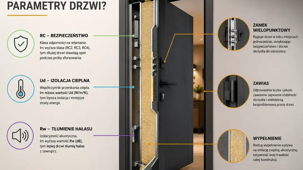 Przekrój drzwi pokazuje ich budowę i parametry: bezpieczeństwo (RC), izolację cieplną (Ud), tłumienie hałasu (Rw) oraz grubość drzwi.