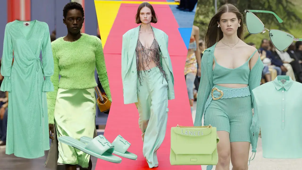 Moda in verde menta: abiti, maglioni, pantaloni, borse e occhiali da sole.