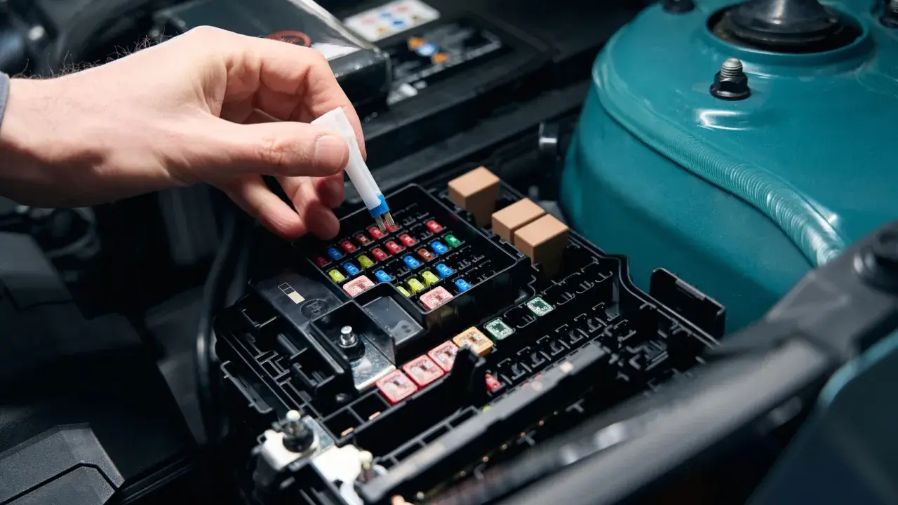 Mano insertando un fusible en la caja de fusibles del coche.