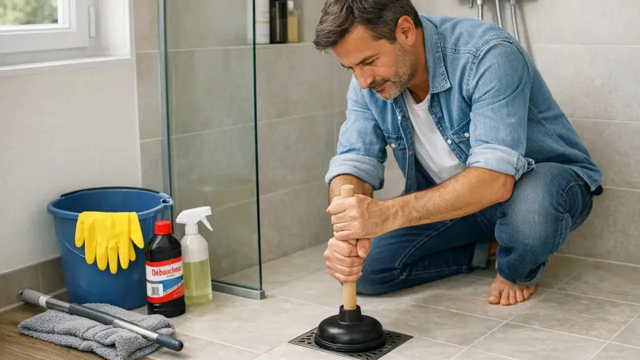 Un homme utilise une ventouse pour déboucher une douche. Des produits de nettoyage et des gants sont à proximité.