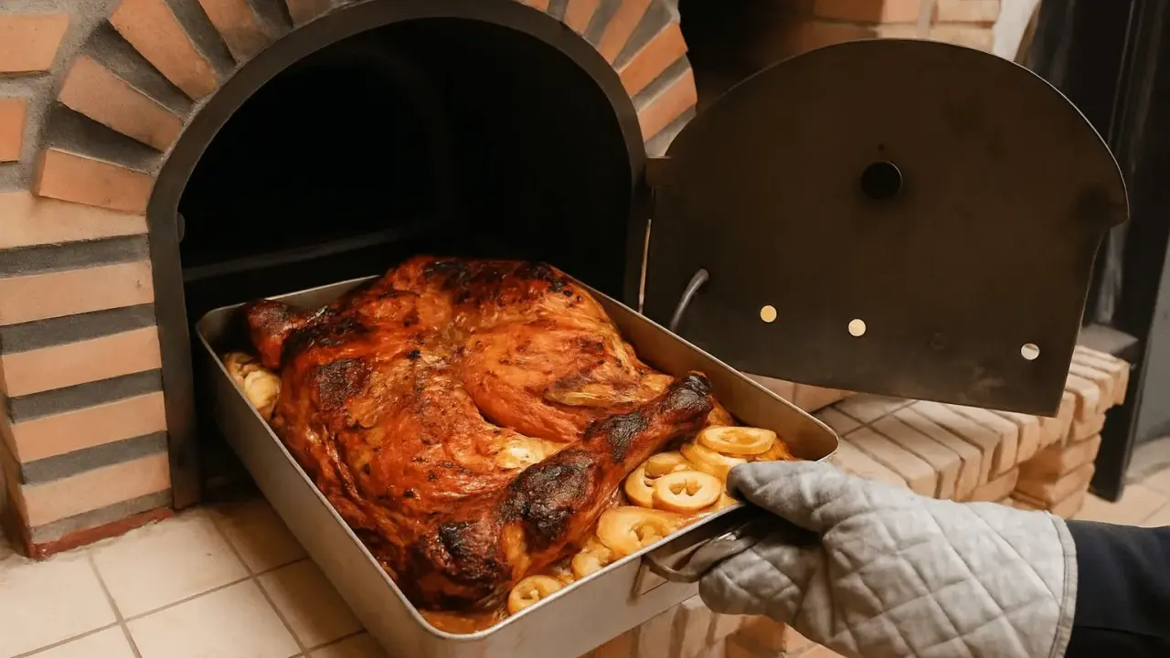 Pollo dorado y jugoso, listo para ser servido, recién sacado de los asados en horno de leña.