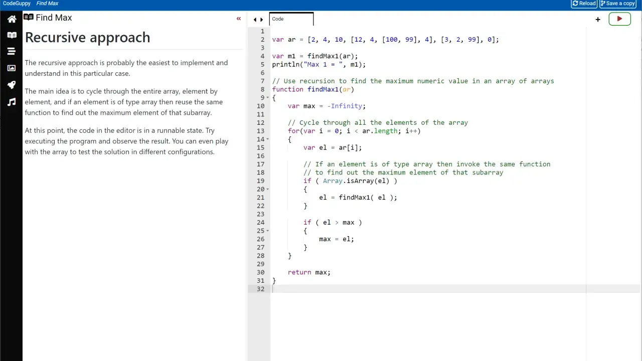 Kod JavaScript do znajdowania wartości **math max** w zagnieżdżonych tablicach.