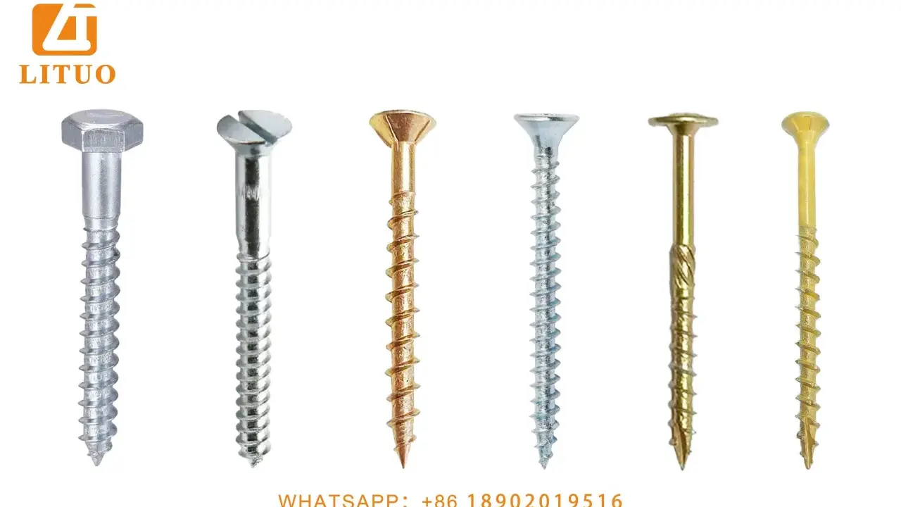 Seis tipos de tornillos diferentes, plateados y dorados, con cabezas hexagonales, ranuradas y avellanadas.