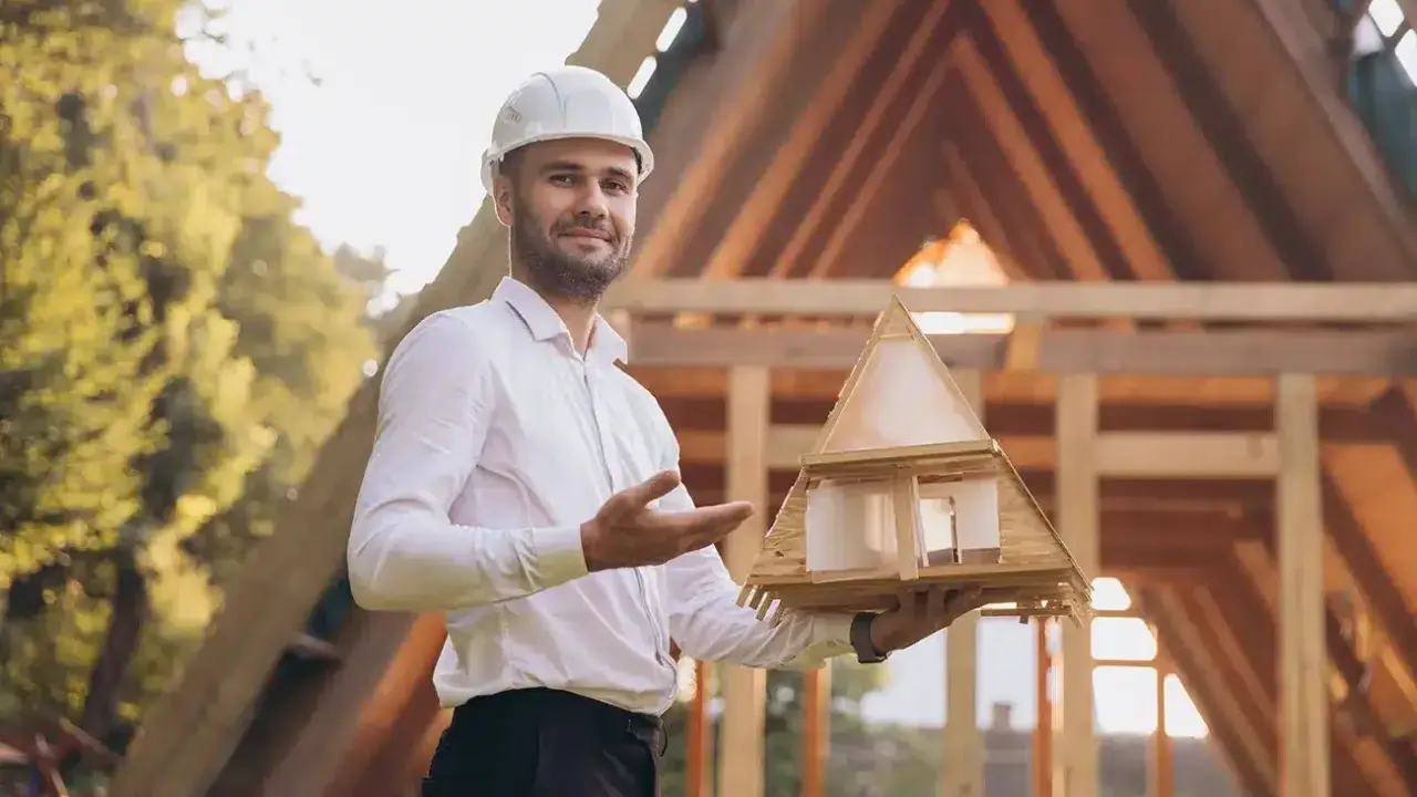 Architekt mit Helm hält Modellhaus, um Holzkonstruktion zu planen. Im Hintergrund Rohbau eines Hauses.
